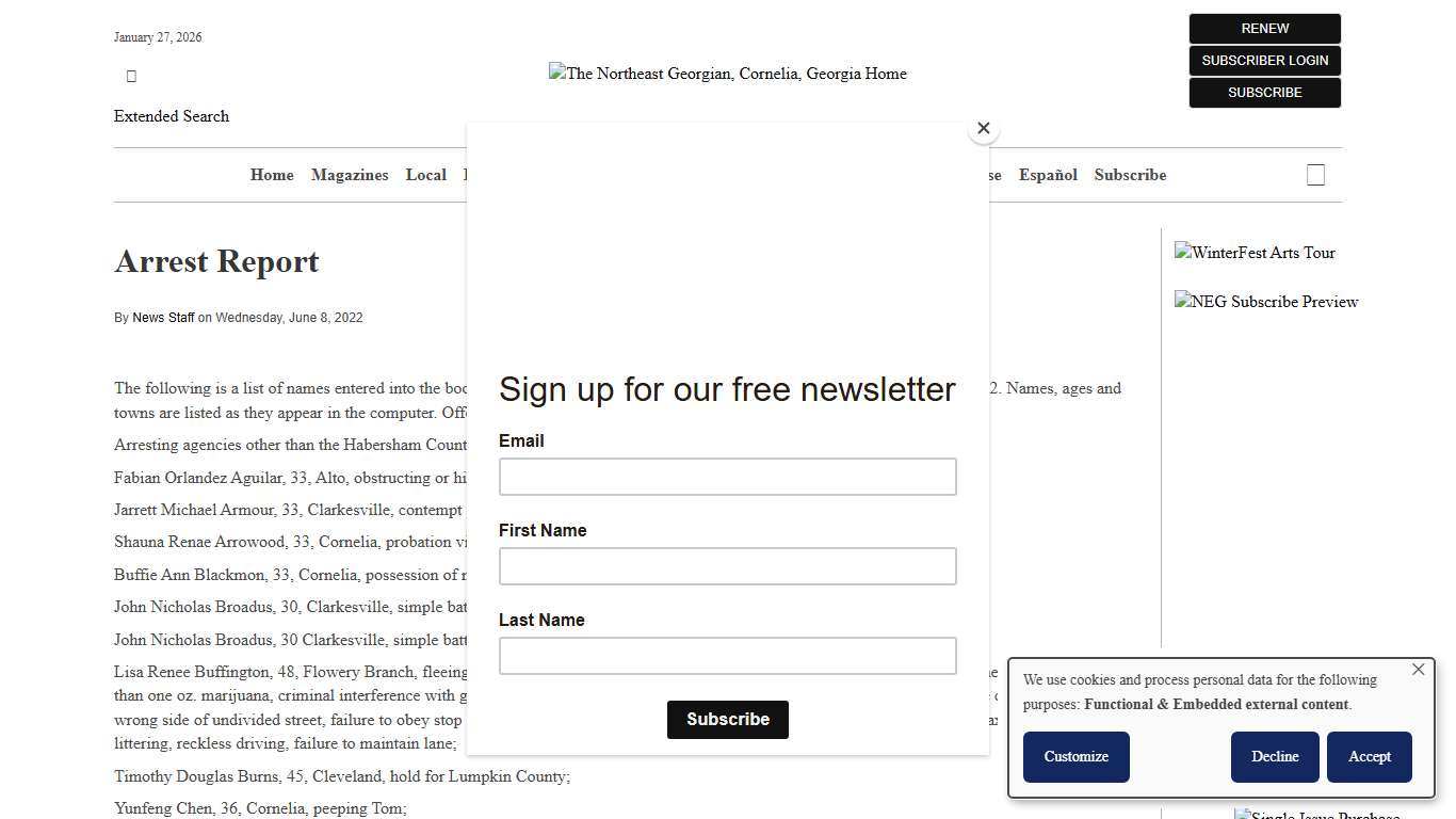 Arrest Report The Northeast Georgian, Cornelia, Georgia